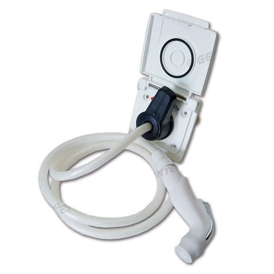 [0549033] Toma Ducha exterior blanca completa con flexo de 200cm, mezclador para agua fría y caliente, acoplamiento rápido para tubos rígidos